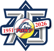 PONY Baseball and Softball 75th anniversary logo with 1951 and 2026 over navy star and baseball