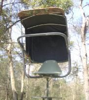 A chair is sitting on top of a pole in the woods.