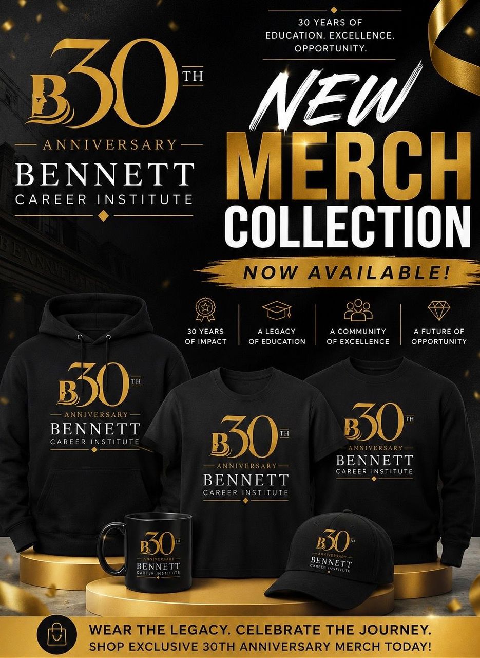 Bennett Career Institute 30th anniversary poster with brick campus building and gold celebratory text Bennett Career Institute 30th anniversary poster with brick campus building and gold celebratory text