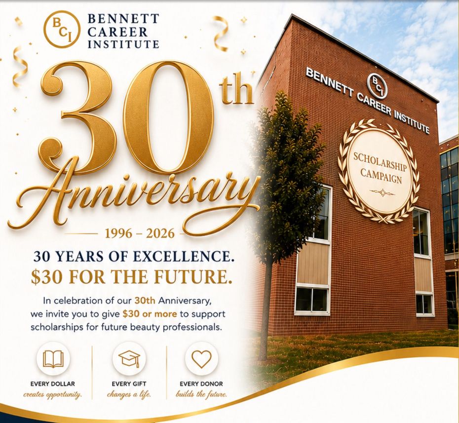 Bennett Career Institute 30th anniversary poster with brick campus building and gold celebratory text
