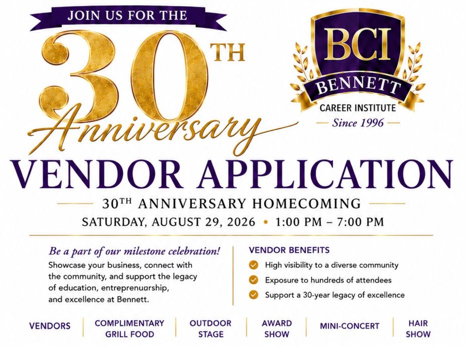 Bennett Career Institute 30th anniversary poster with brick campus building and gold celebratory text