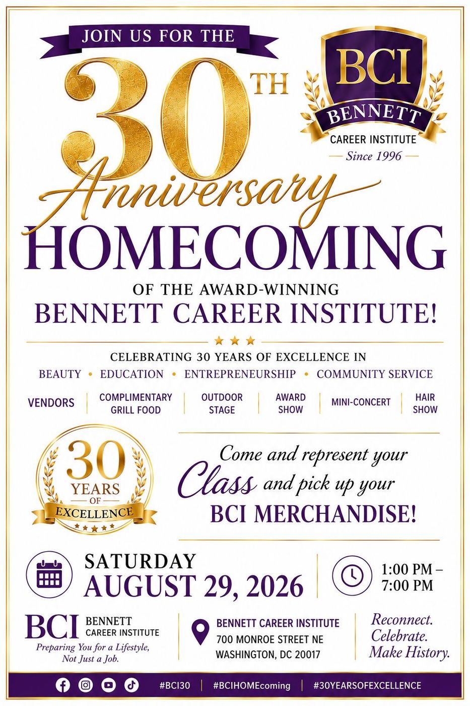 Bennett Career Institute 30th anniversary poster with brick campus building and gold celebratory text