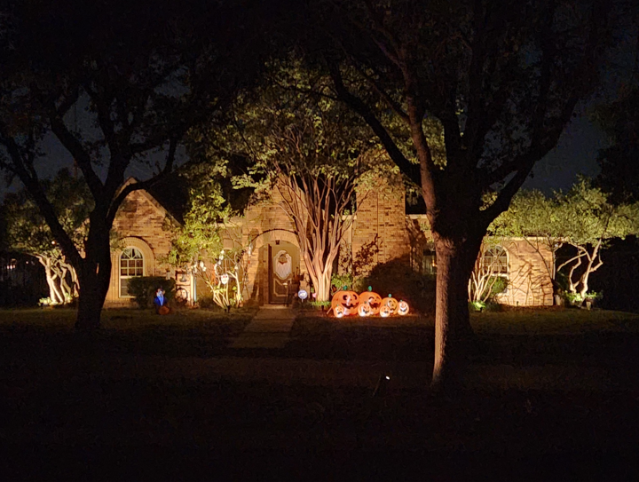 A house is lit up at night with trees in front of it.