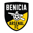 Benicia Arsenal FC logo: Black shield with yellow diagonal split. White text "BENICIA" above and "ARSENAL FC" below. Central cannon with soccer ball.