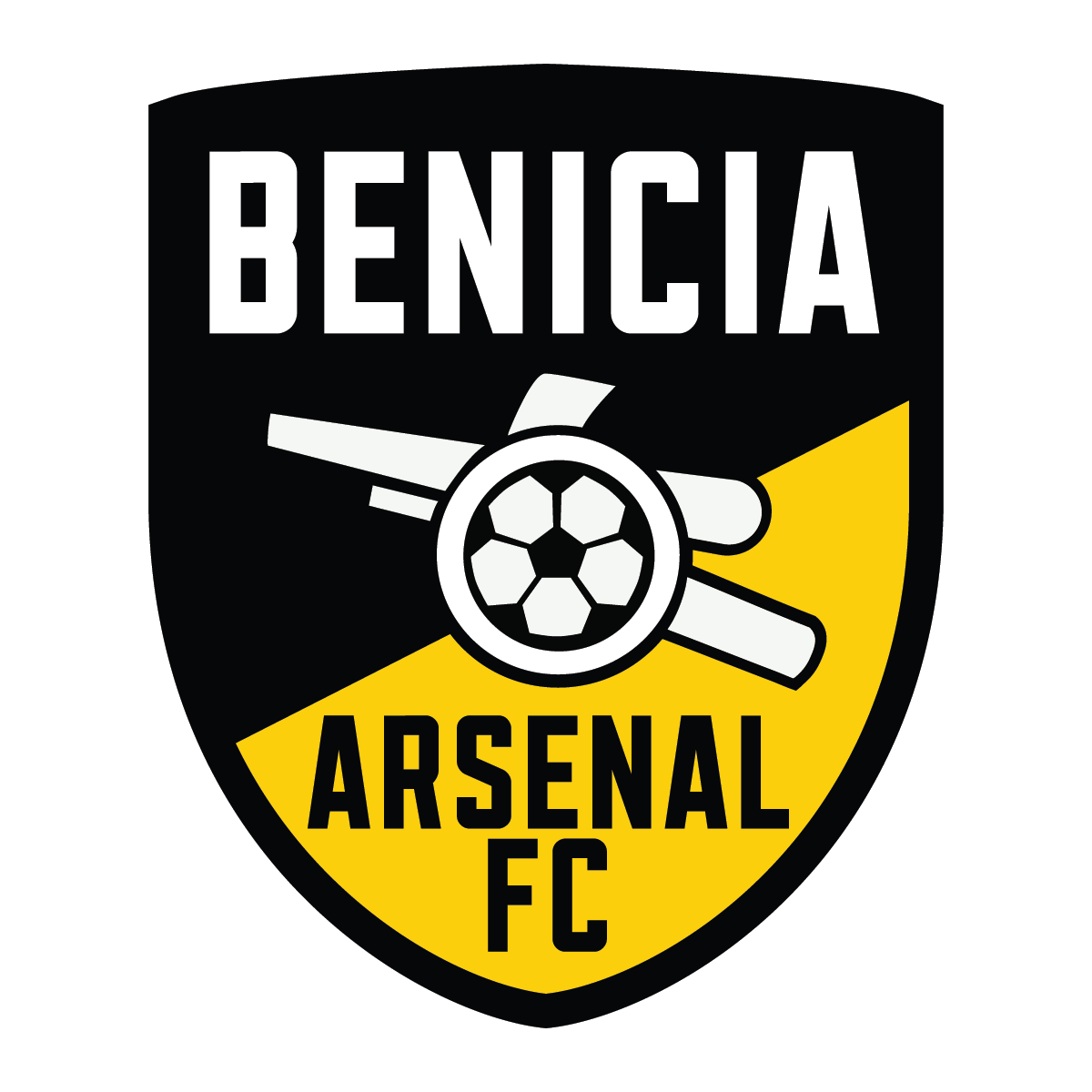 Benicia Arsenal FC logo: Black shield with yellow diagonal split. White text "BENICIA" above and "ARSENAL FC" below. Central cannon with soccer ball.