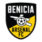 Benicia Arsenal FC logo: Black shield with yellow diagonal split. White text "BENICIA" above and "ARSENAL FC" below. Central cannon with soccer ball.