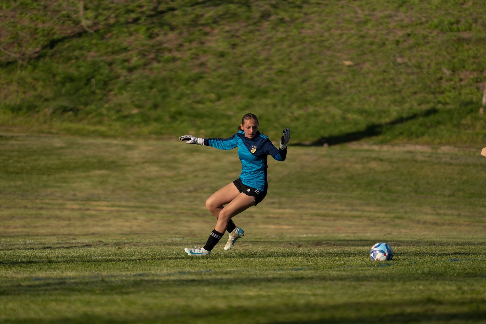 Soccer player in blue uniform kicks a ball on a grassy field.