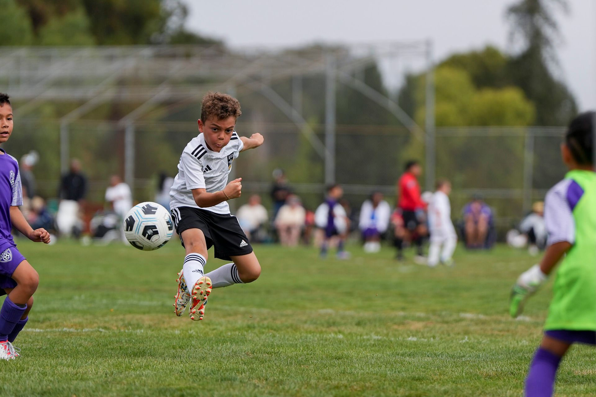 Boy kicking a soccer ball in a game on a green field; other players and spectators in background.
