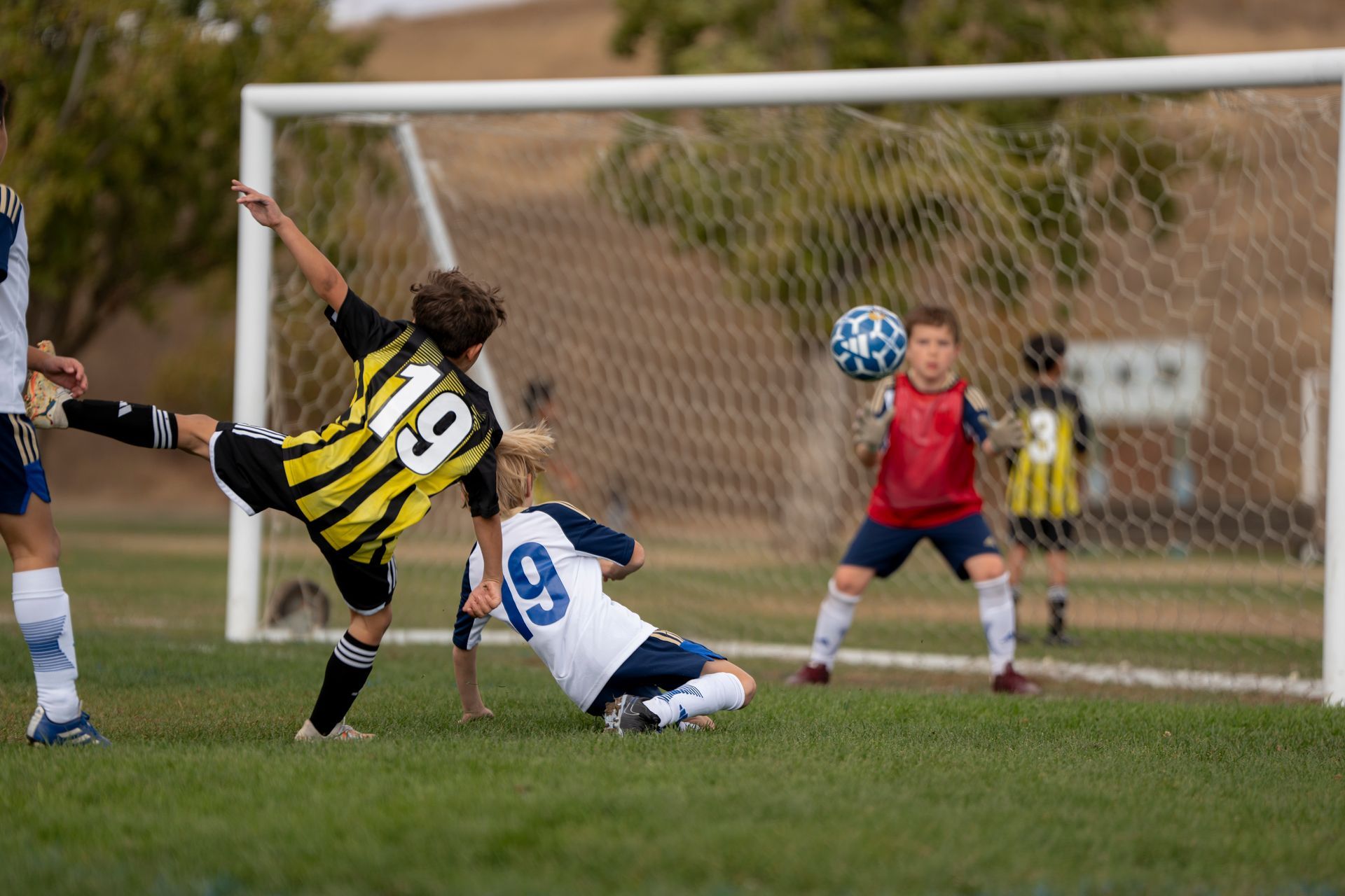 Soccer player kicking the ball towards the goal. A goalie is ready. Other players watch.