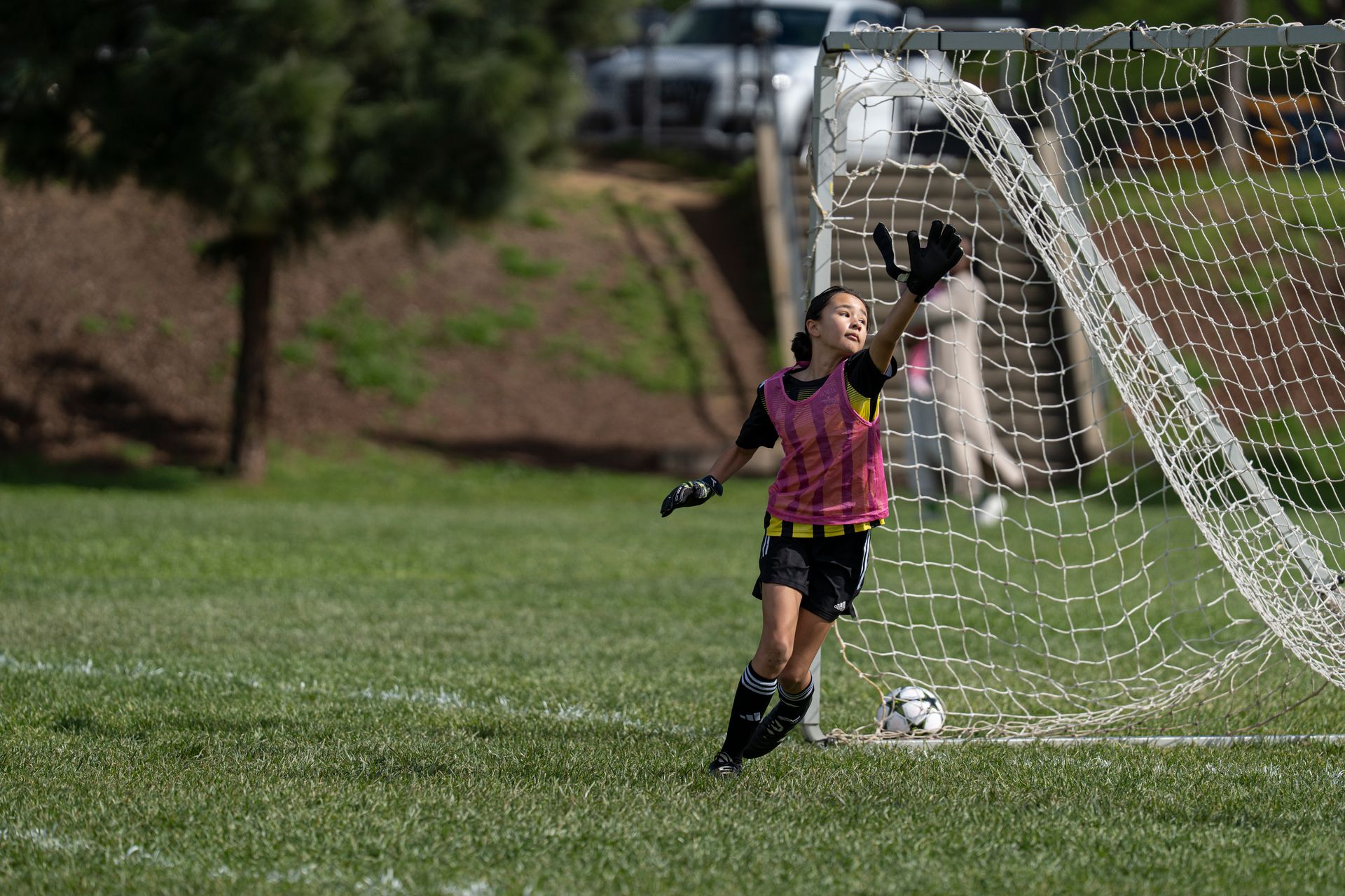 Soccer goalie in pink and black uniform reaching for the ball near the goal.