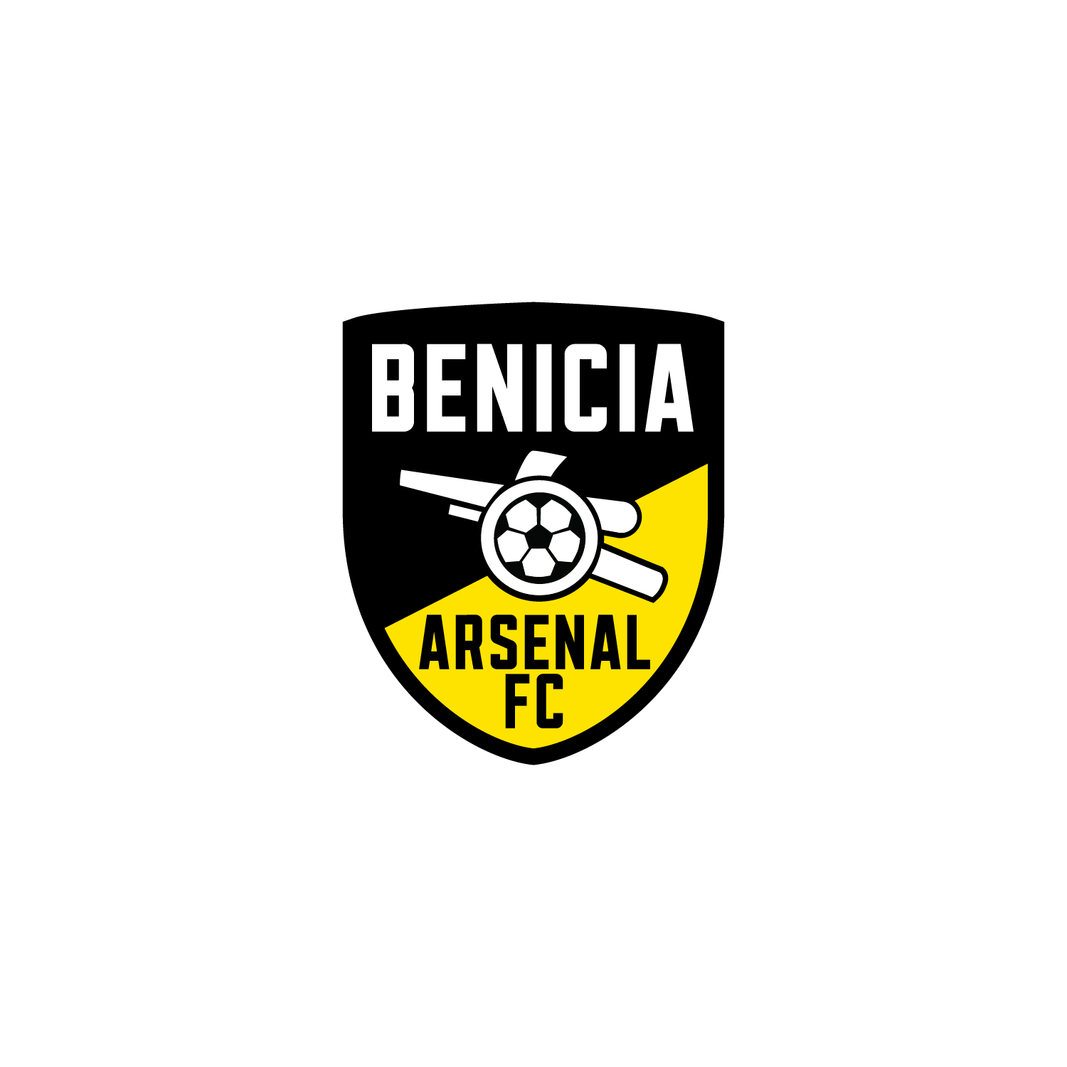 Benicia Arsenal FC logo: Shield with black and yellow sections, cannon graphic, 