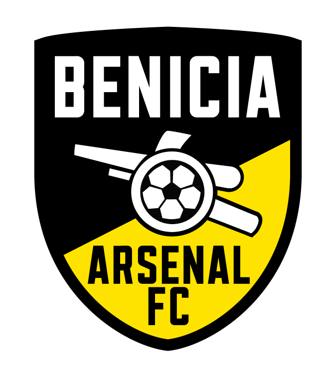 Benicia Arsenal FC logo: Black shield with yellow diagonal. White text 