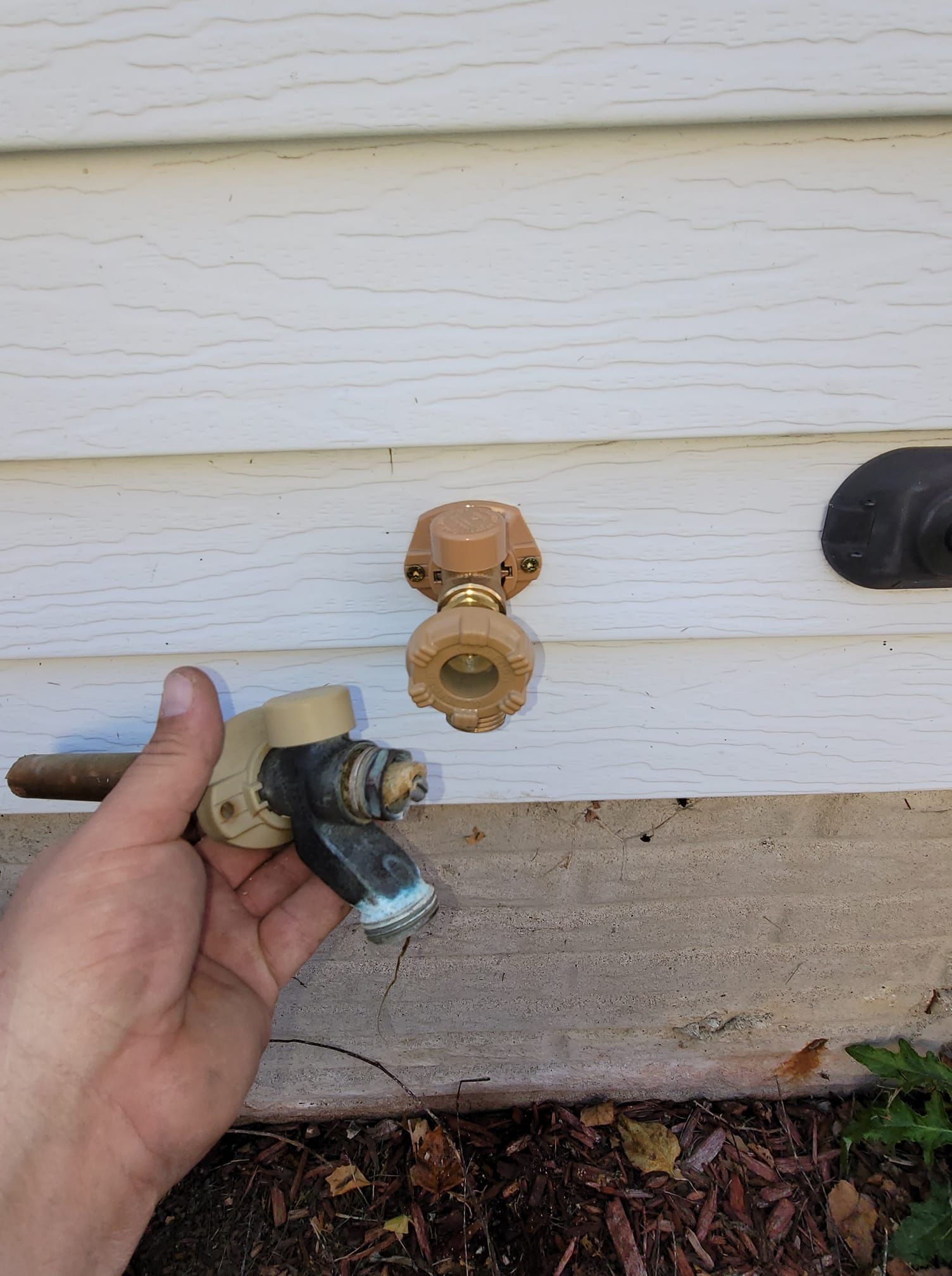 A person is holding a faucet in front of a house.