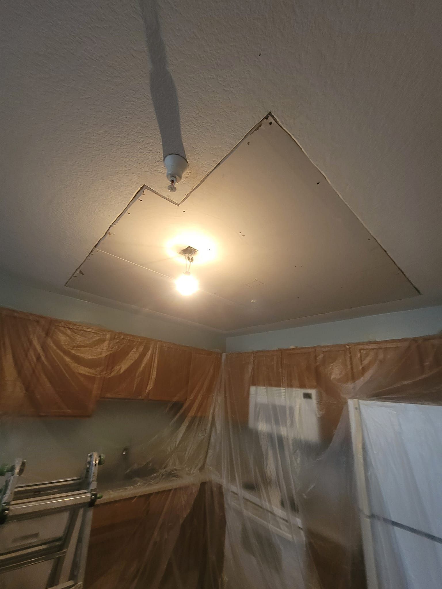 A kitchen with a ladder and a light on the ceiling.