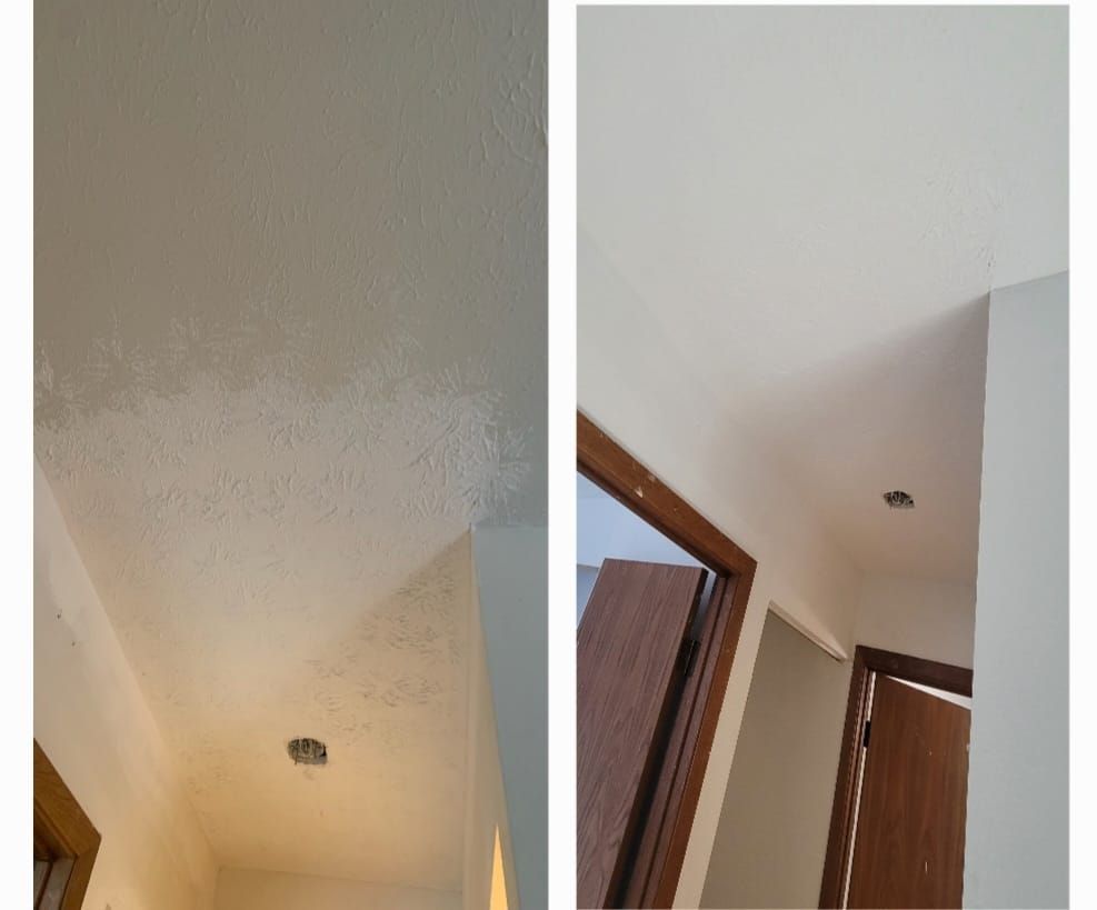 A before and after picture of a ceiling and a door