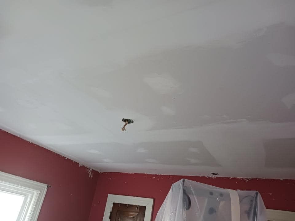A room with red walls and a white ceiling.