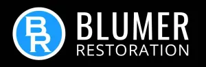 A blue and white logo for Blumer Restoration on a black background.