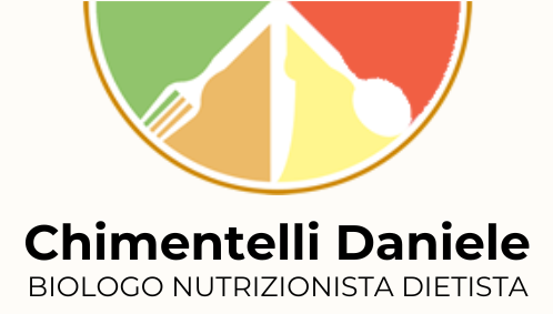Logo: un'icona colorata raffigurante un piatto di cibo con posate e la scritta "Chimentelli Daniele, Biologo Nutrizionista Dietista".