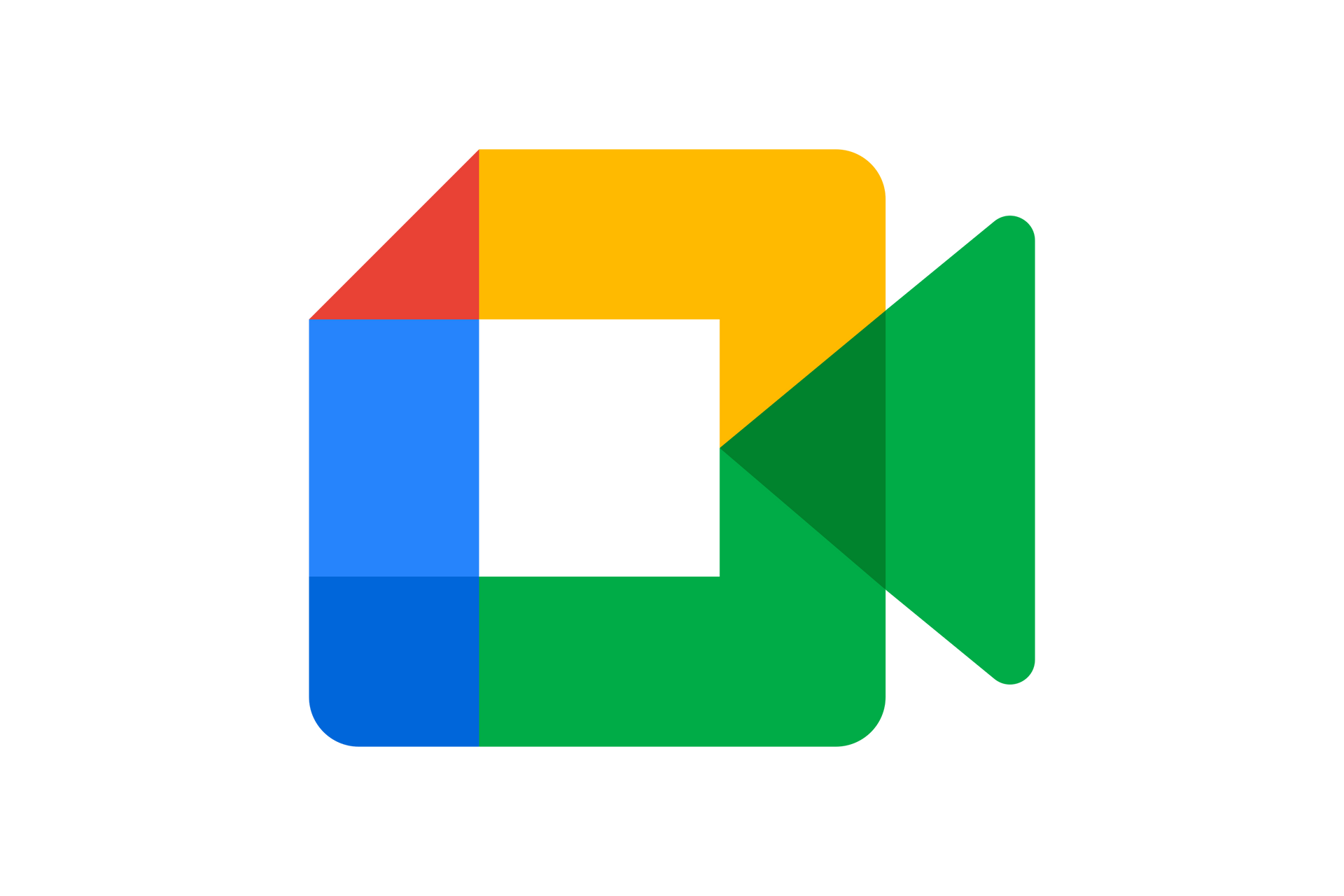 Icona di Google Meet: quadrato colorato con un quadrato bianco al centro e una videocamera verde sovrapposta.