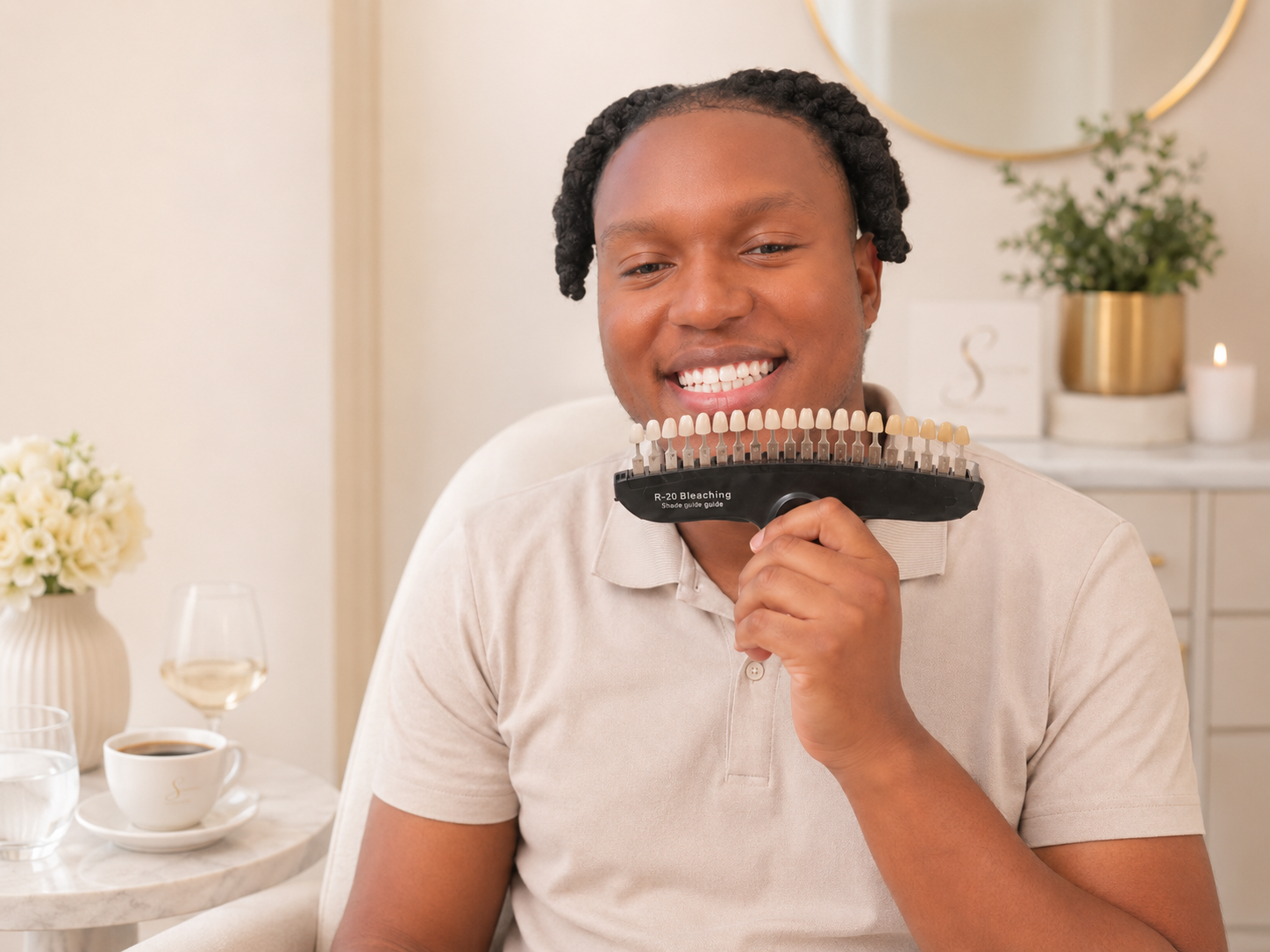 Person smiling and holding a large hairbrush in a bright dining room with tea cups and flowers