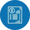 Icône de facture blanche avec un symbole dollar sur fond de cercle bleu.