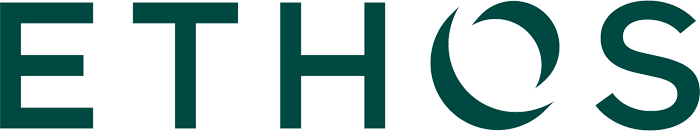 ETHOS logo in teal letters with a leaf-like symbol in the “O”