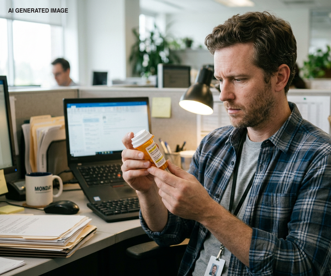 Man examining a prescription bottle at his desk in an office, with a laptop and papers nearby