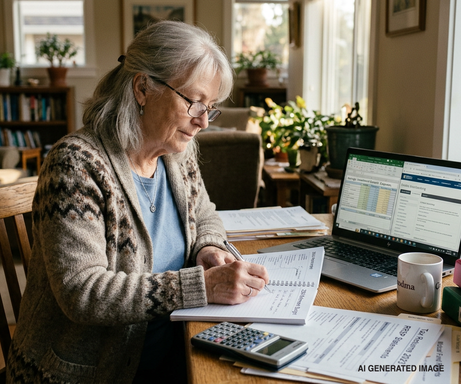 An individual at a wooden table with a laptop displaying spreadsheets, a calculator, and paperwork, working in a home.