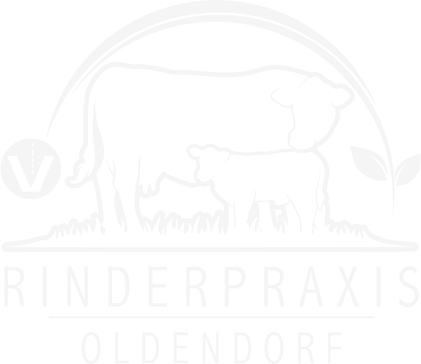 Logo mit einer Kuh und einem Kalb, umrahmt von Blättern; Text: RINDERPRAXIS OLDENDORF.