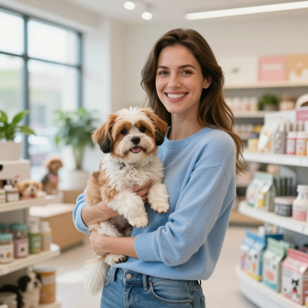 Clienta con su perro en una tienda de mascotas