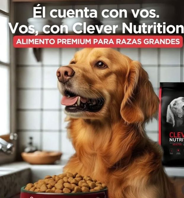 Golden retriever junto a un cuenco de croquetas, con el texto publicitario en español de la marca de comida para perros Clever Nutrition.
