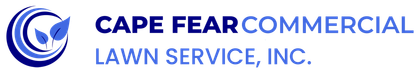 Logo for Cape Fear Commercial Lawn Service, Inc., featuring a blue leaf design and text.