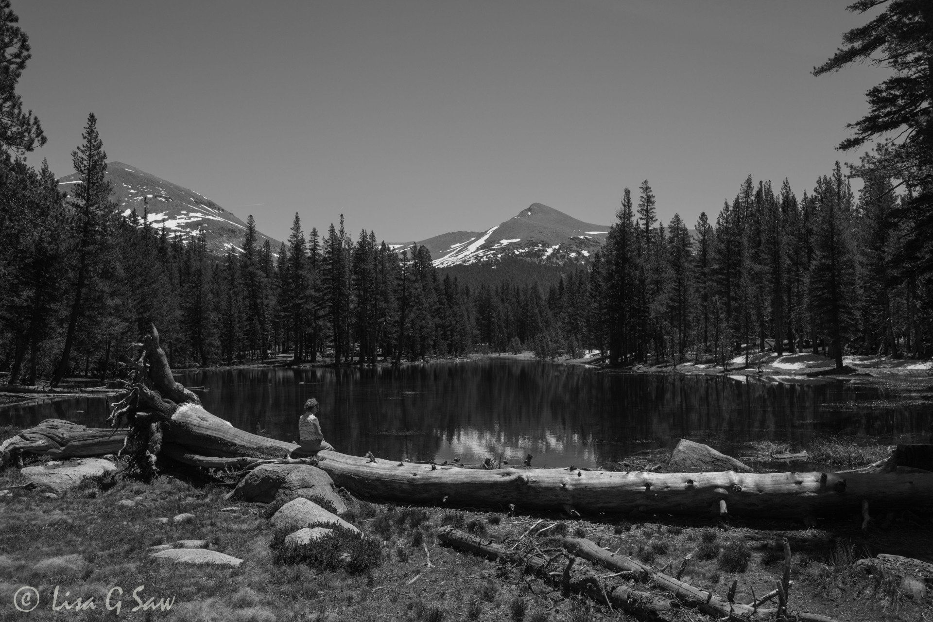 Women sitting on fallen tree overlooking mountain lake (black and white)