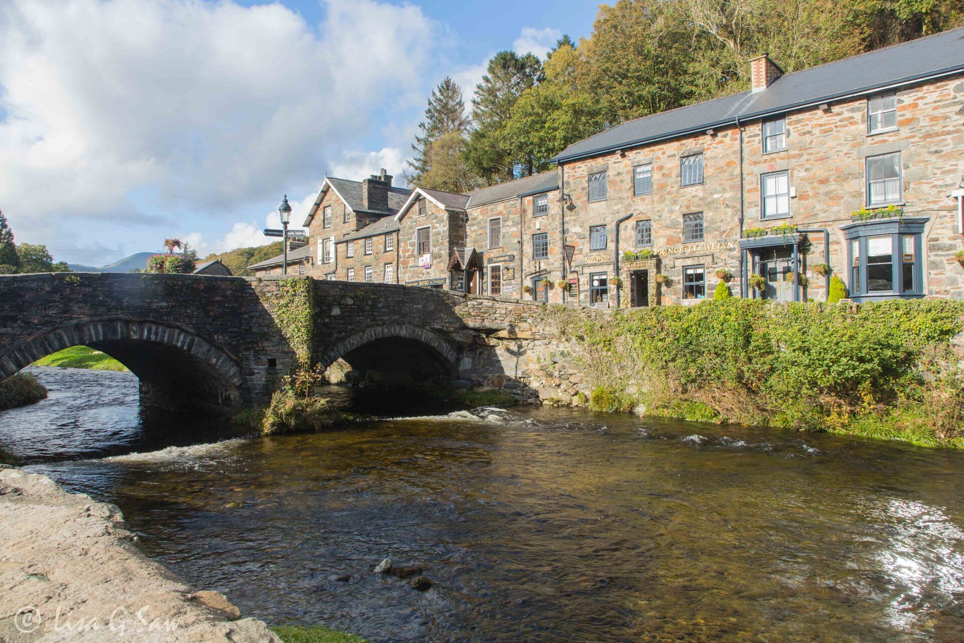 Beddgelert village with river and stone bridge