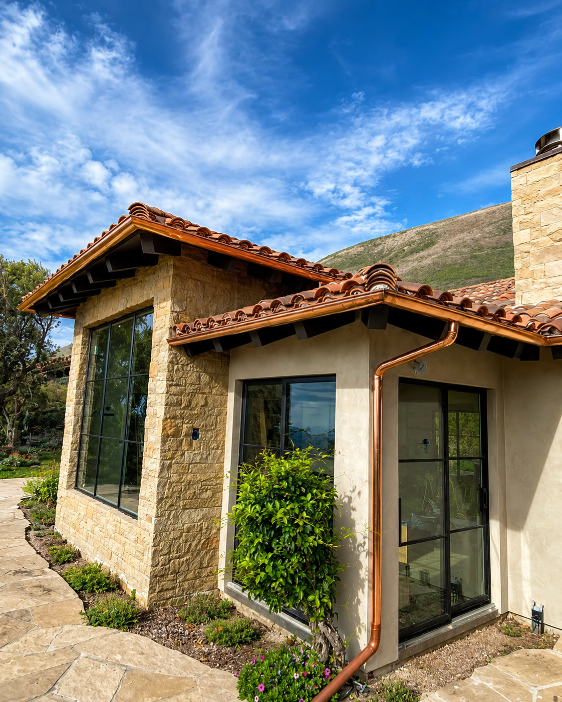Stucco house exterior with stone accents, red-tiled roof, and large glass windows under a blue sky.