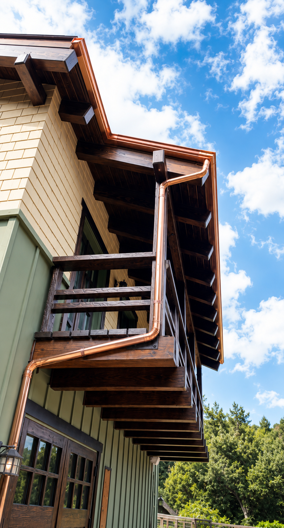 Person on a ladder cleaning a gutter on a house roofline.