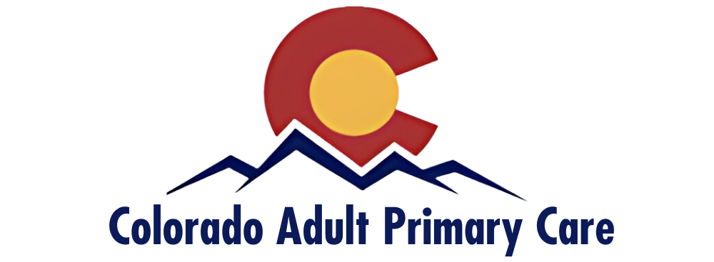 The logo for colorado adult primary care shows a mountain and a sun.