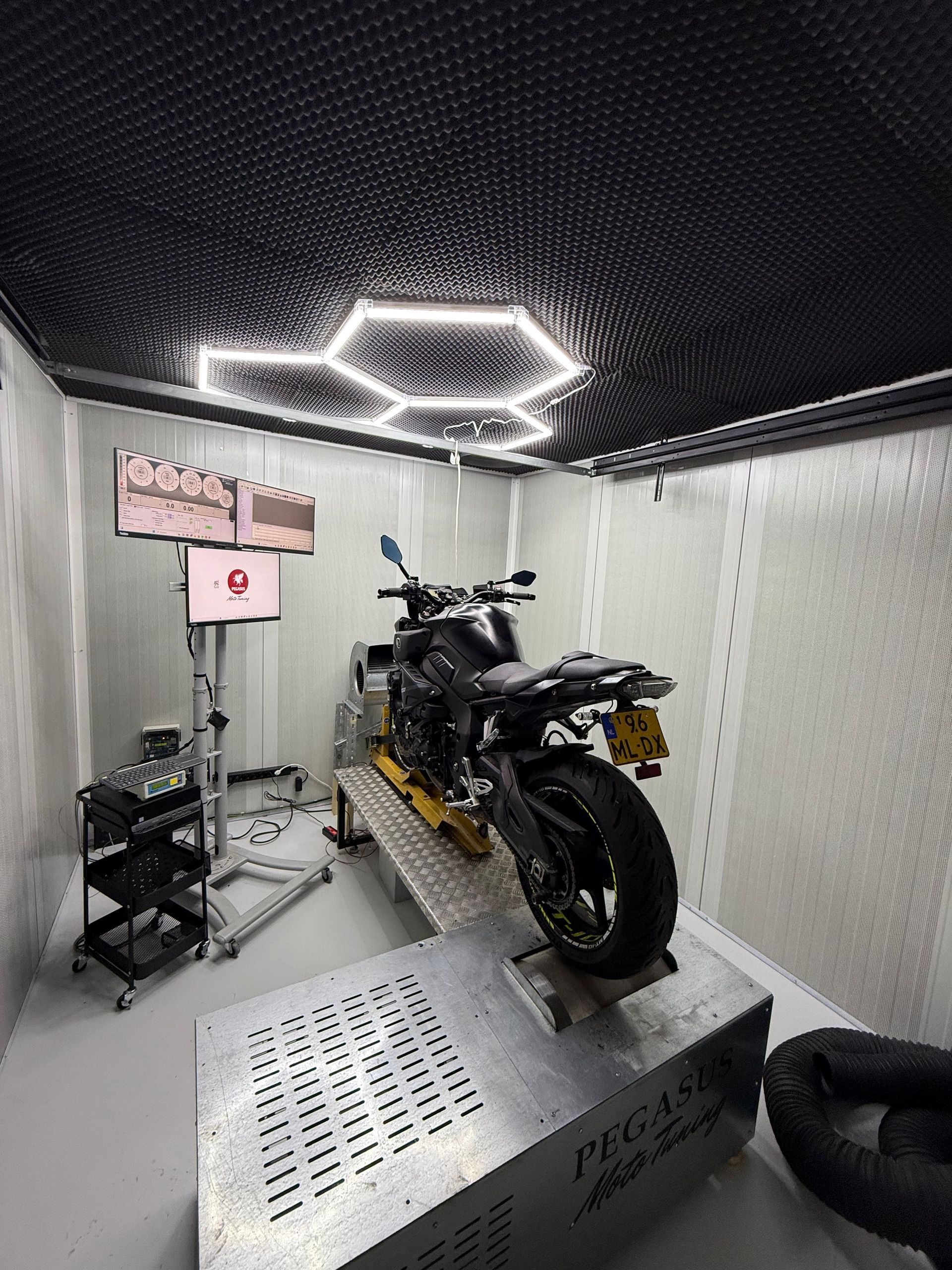 Motorfiets op een dynamometer in een testruimte met monitoren en zeshoekige lampen.