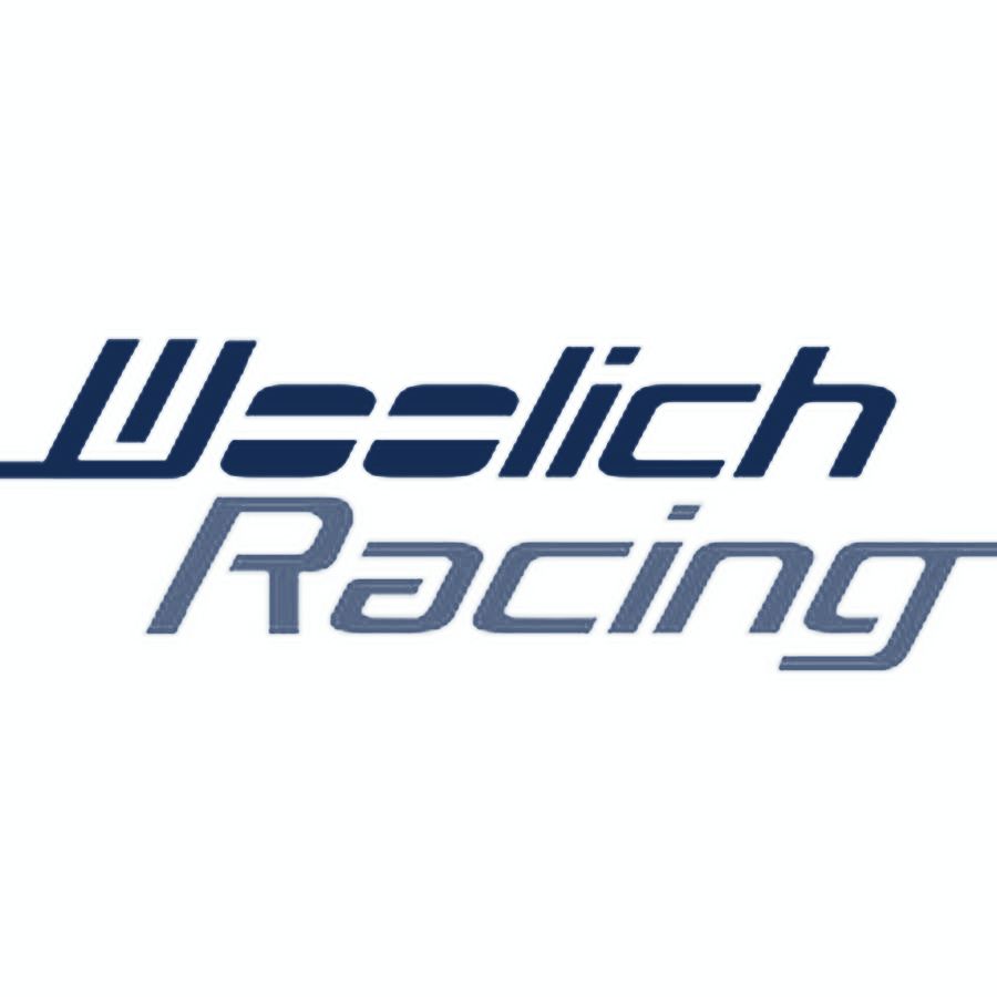 Logo voor Weelich Racing in donker en lichtblauw, schreefloos lettertype.