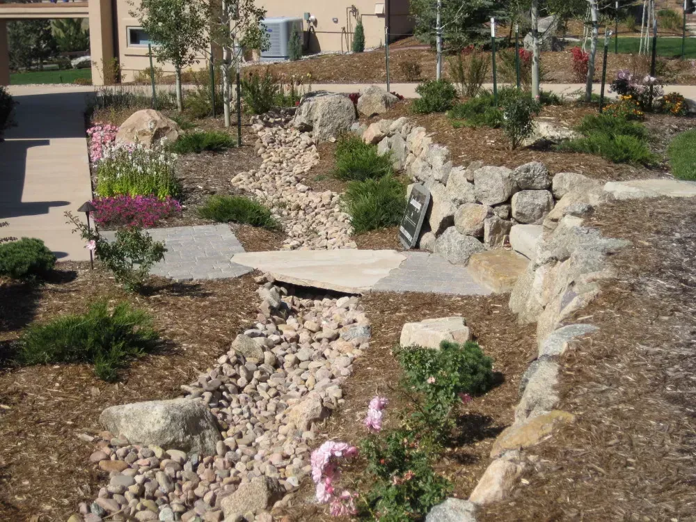 Rock garden with stones, succulents, and a narrow path beside a building