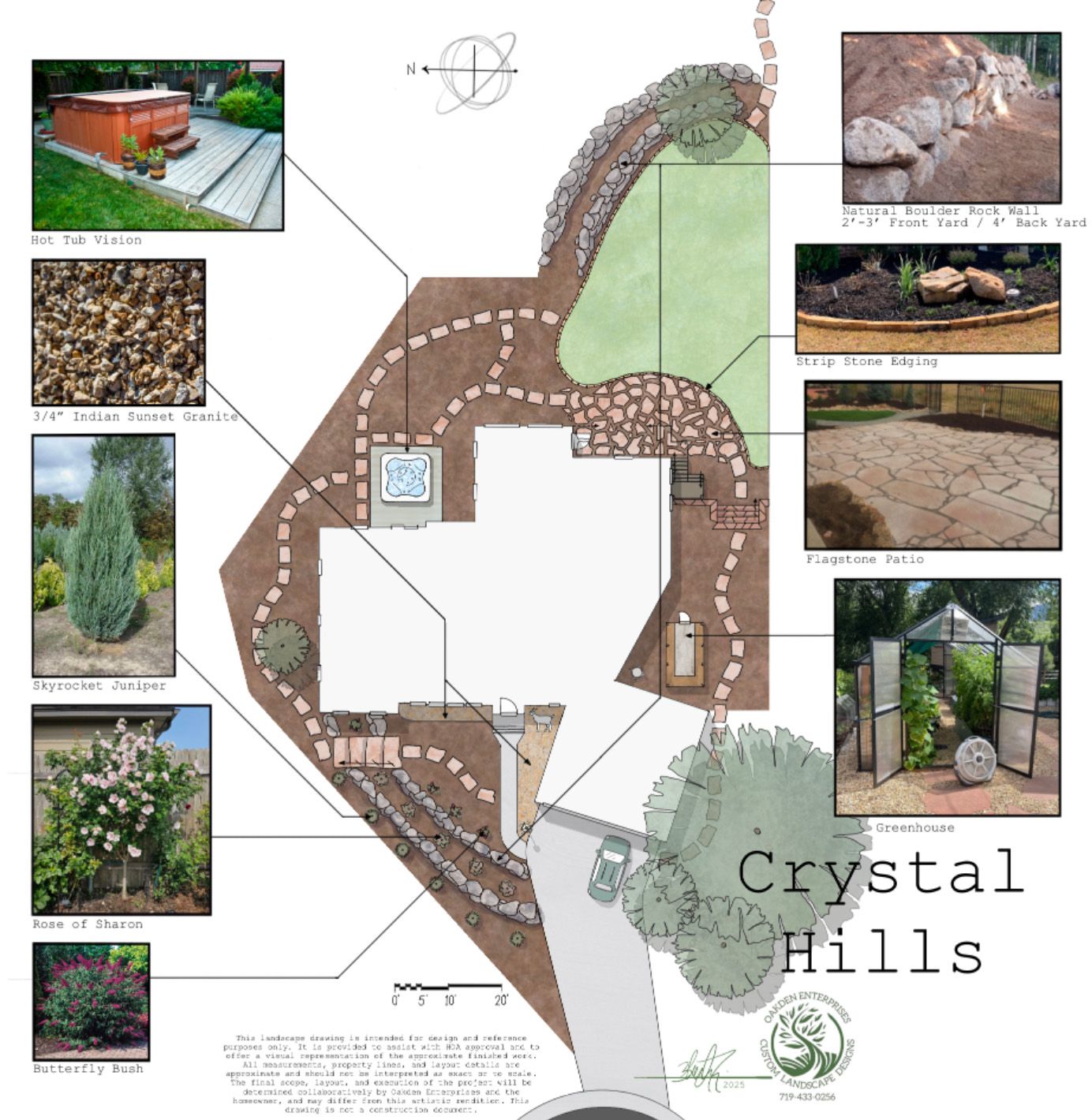 Landscape design plan for Crystal Hills; features photos, pathways, plants, a hot tub, and a water feature.