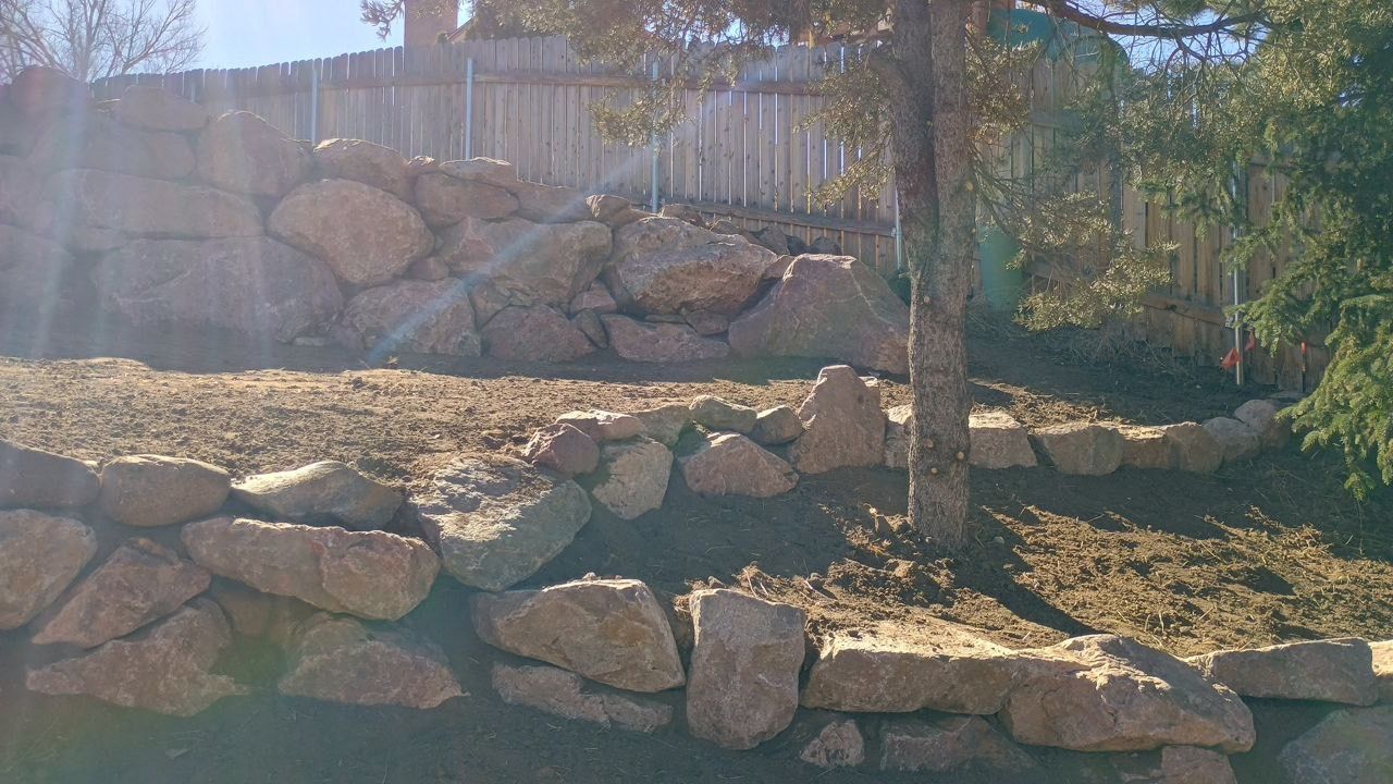 Rocky hillside with a tree, dry grass, and a wooden fence in bright sunlight.