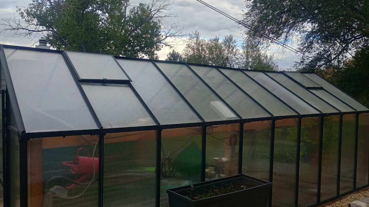 Glass greenhouse with slanted roof in a garden, with cloudy sky and trees behind it
