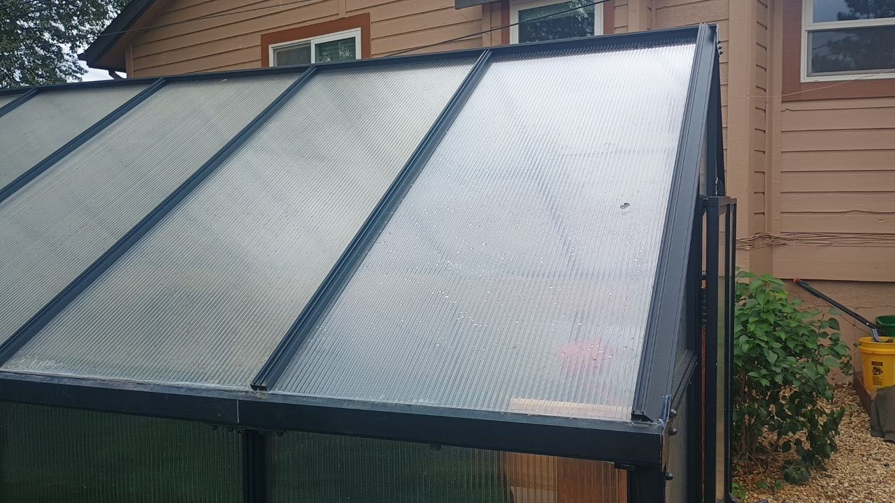 A translucent slanted greenhouse roof beside a brick house and garden plants.