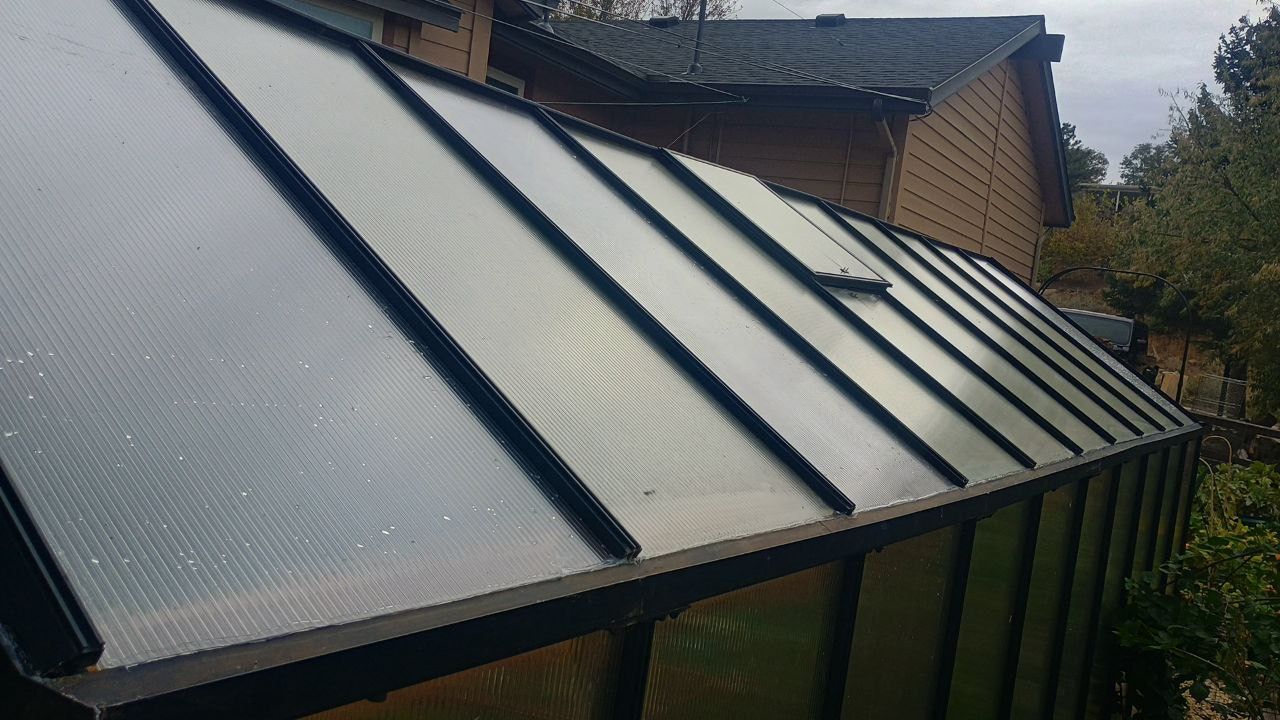 Rain-speckled glass roof panels on a house with dark trim and surrounding garden trees