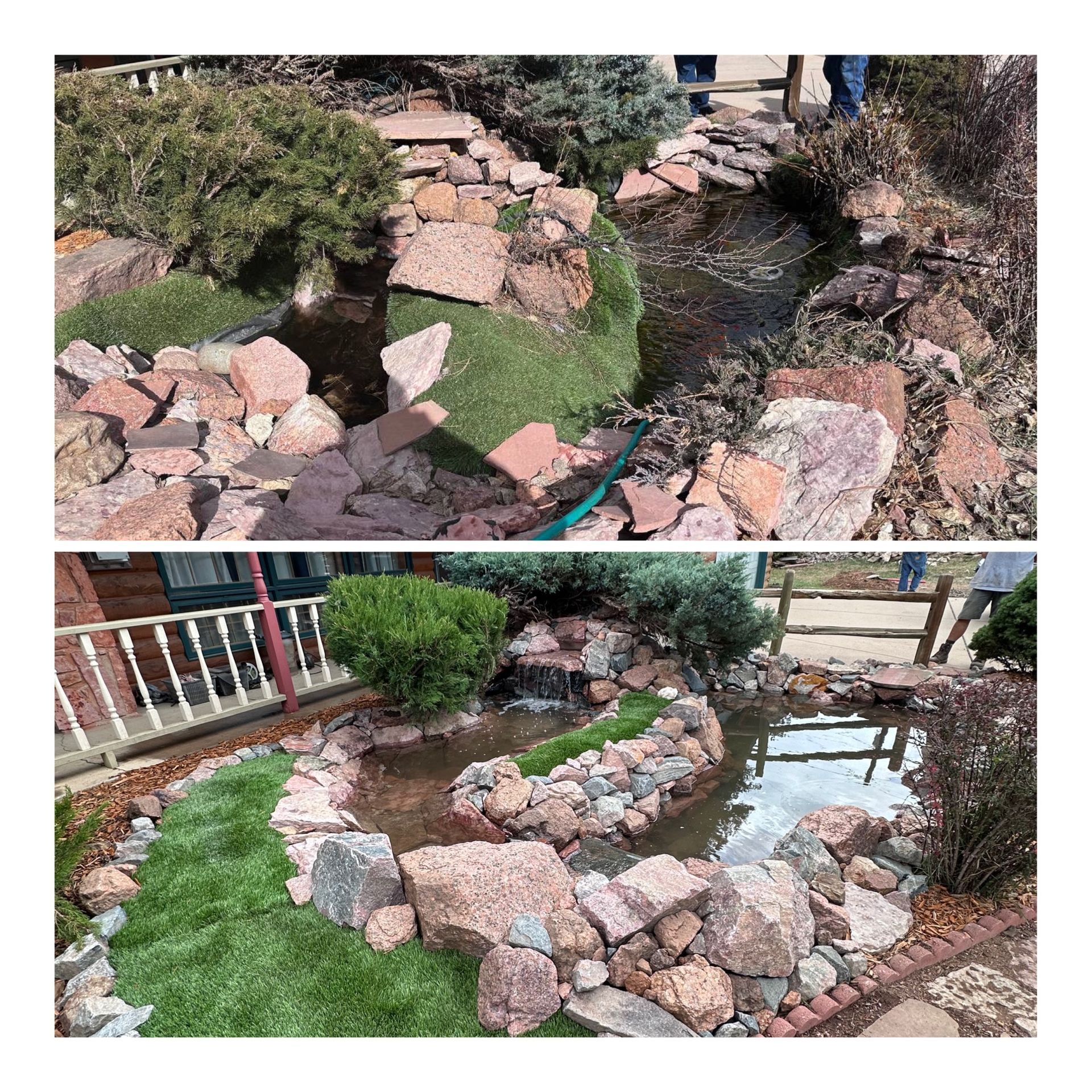 Two views of a backyard pond with rocks, green grass, and reflections in the water