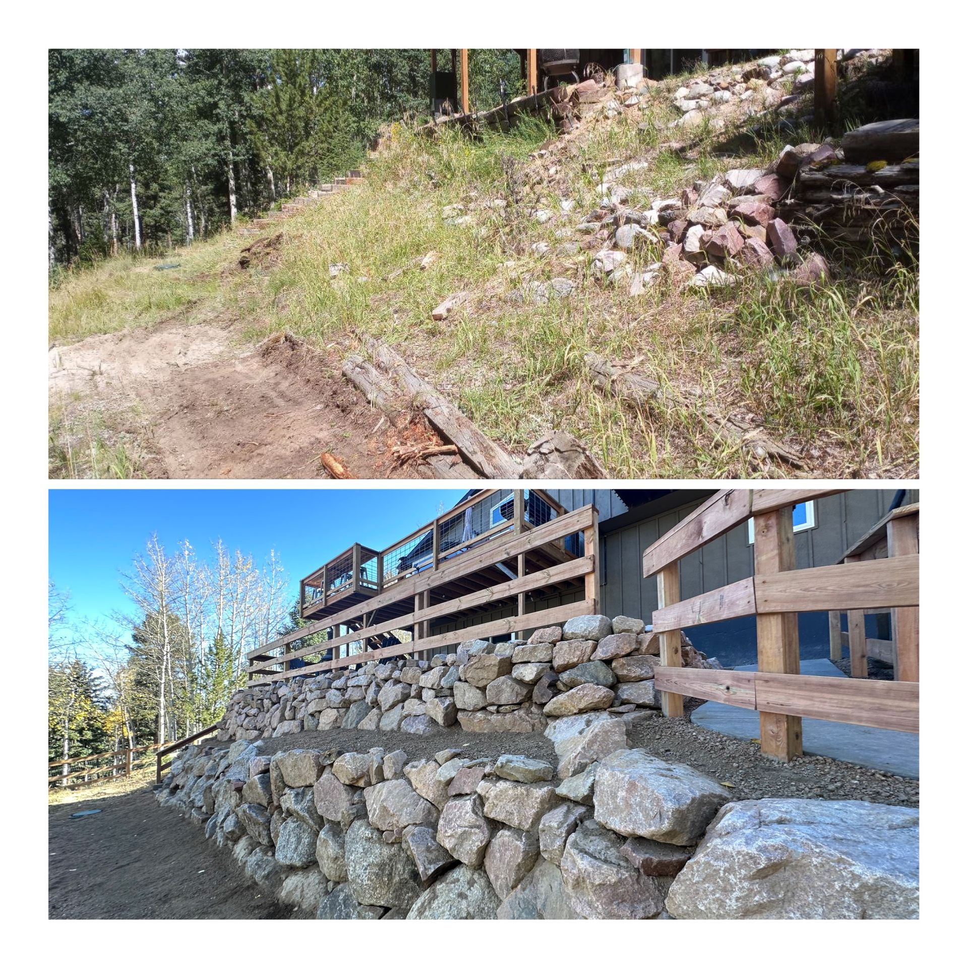 Before-and-after hillside landscaping with a rocky retaining wall and wooden deck in a forested area