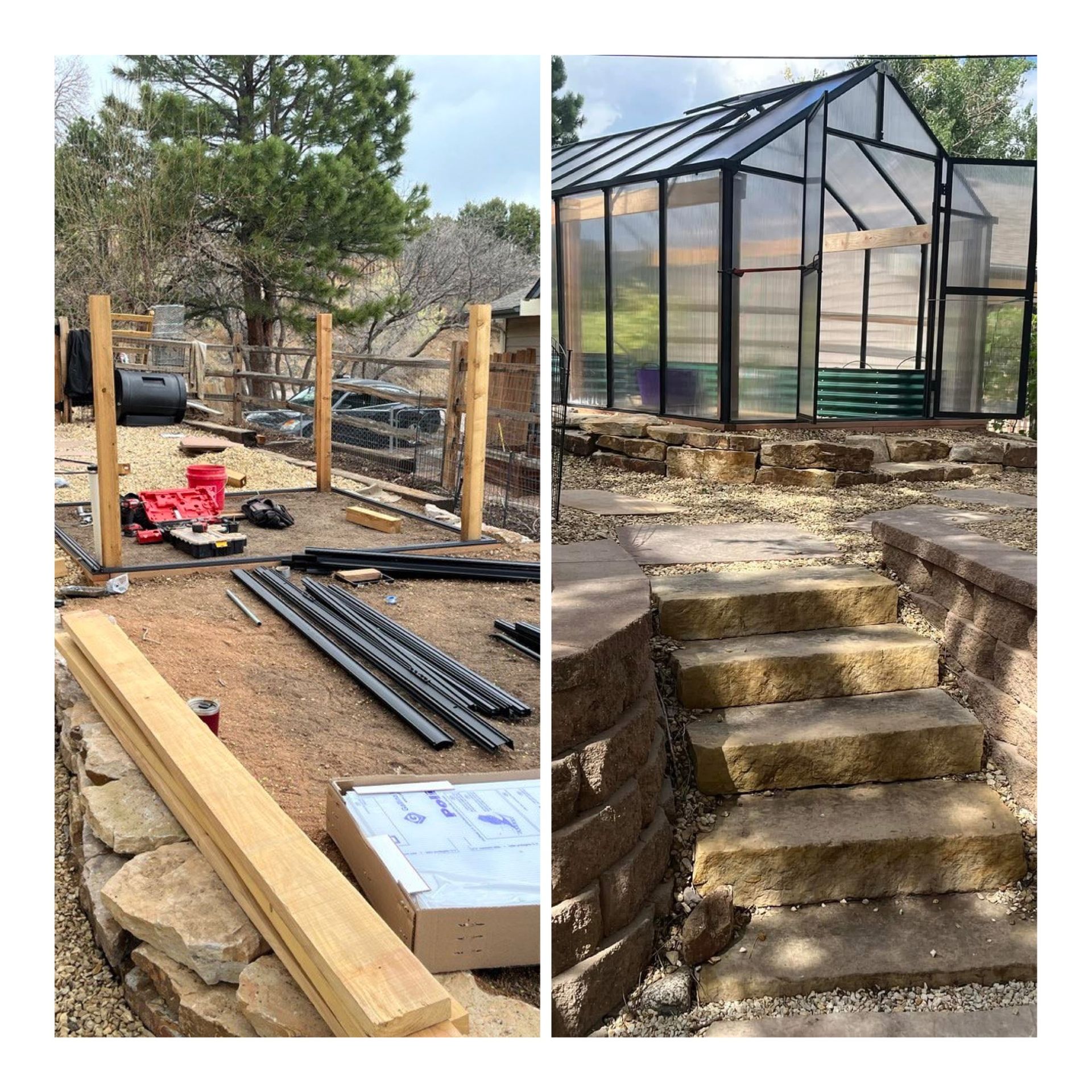 Backyard construction beside a greenhouse, with posts, lumber, tools, and stone steps in progress