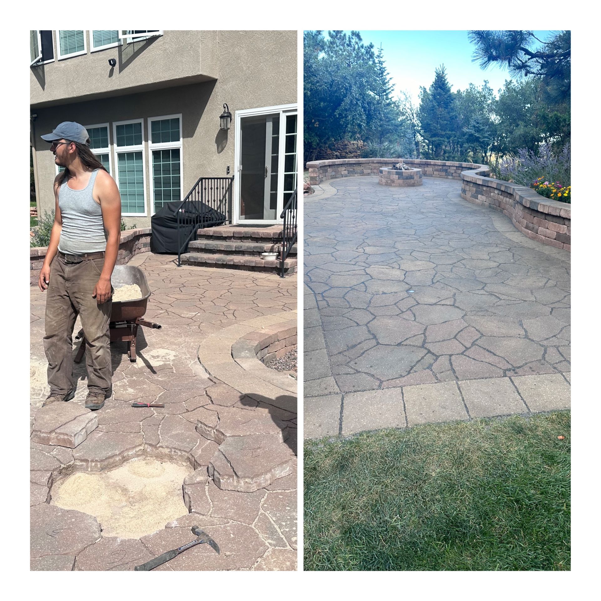 Split view of a stamped concrete patio and walkway beside a house, with trees and a lawn.