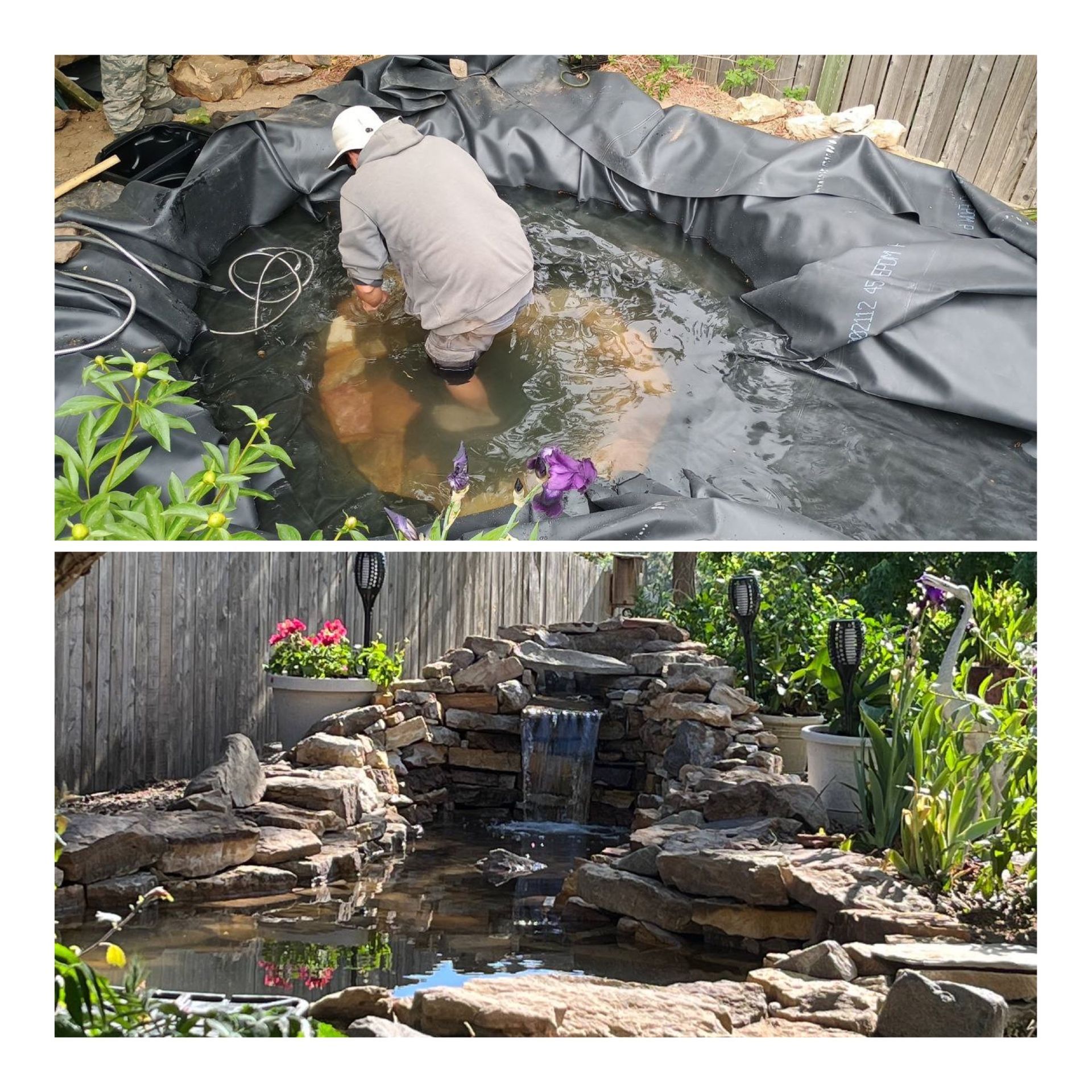 Garden pond under construction above, finished rock waterfall pond below